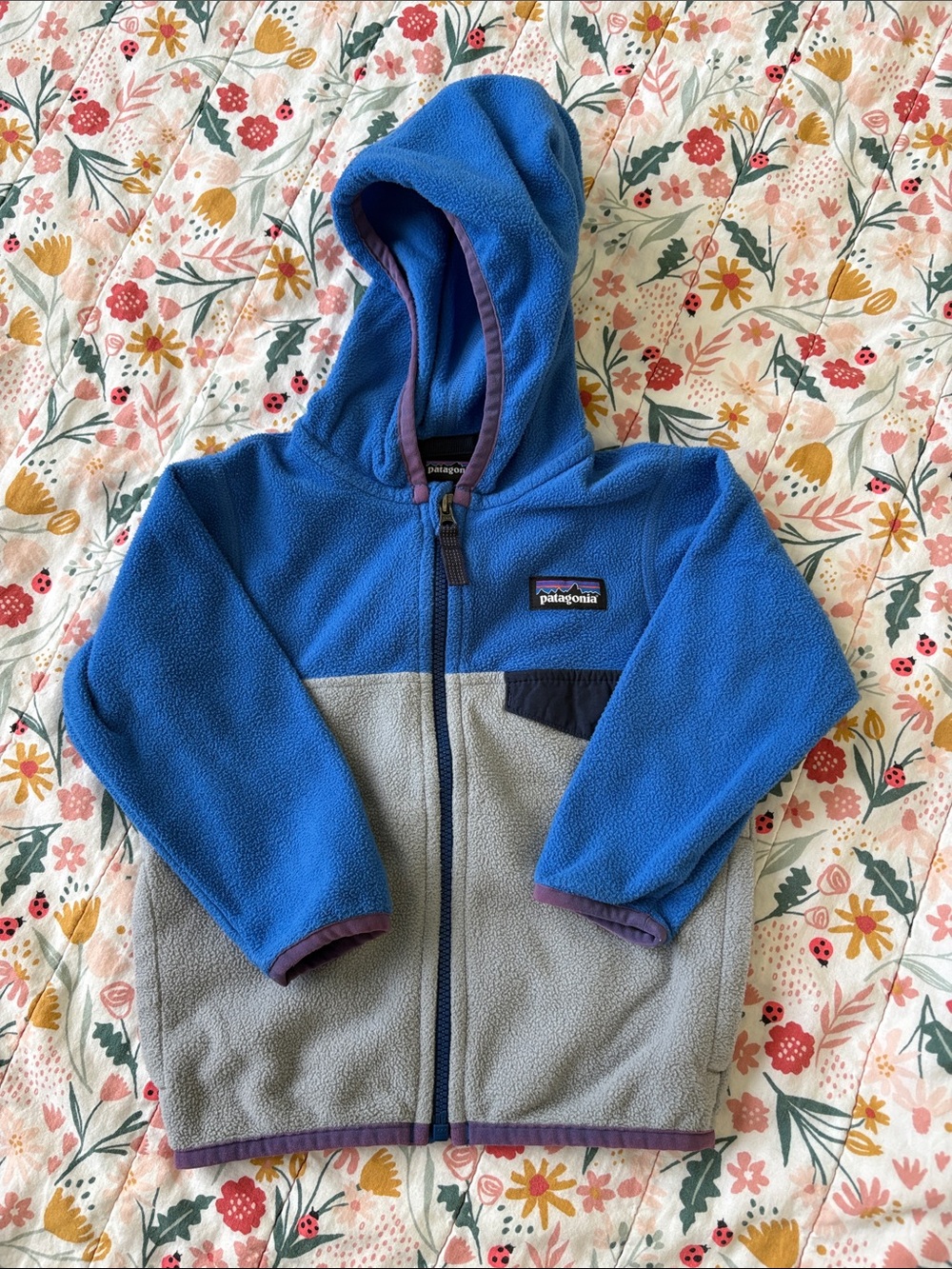 Patagonia Kids Blue & Gray Hooded Fleece Jacket with Purple Trim